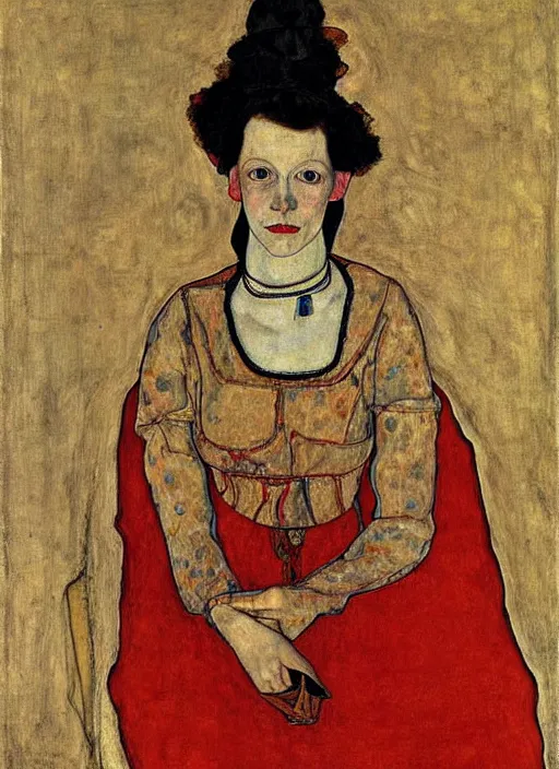 Prompt: portrait of young woman in renaissance dress and renaissance headdress, art by egon schiele