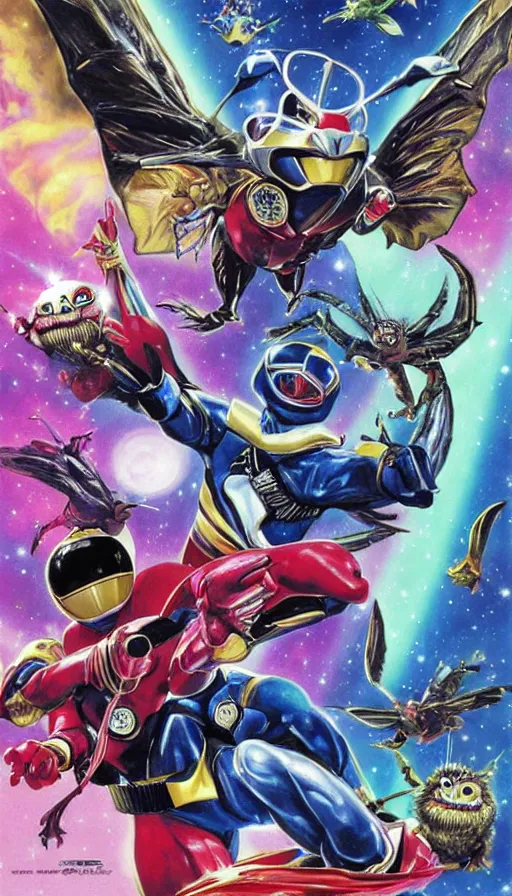 Prompt: stephen Hawkins as power ranger fighting gremlins vs mothra art by Noriyoshi Ohrai and Lisa Frank