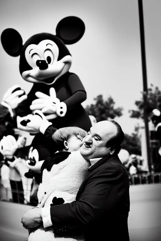 Image similar to tony soprano hugging mickey mouse, extreme bokeh, 7 5 mm