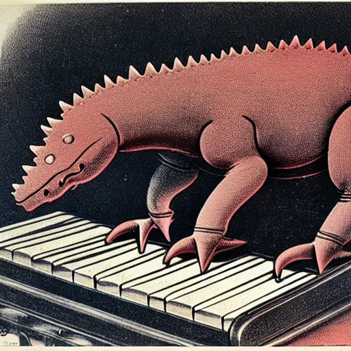 Prompt: antique lithograph from 1 9 0 0 of red stegosaurus, playing a piano