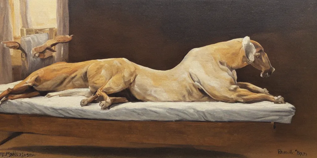 Image similar to buck laying on a cot, jack paluh, oil painting