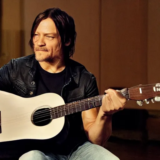 Prompt: norman reedus playing the guitar saying uhhh what wait what huh pham sandwich