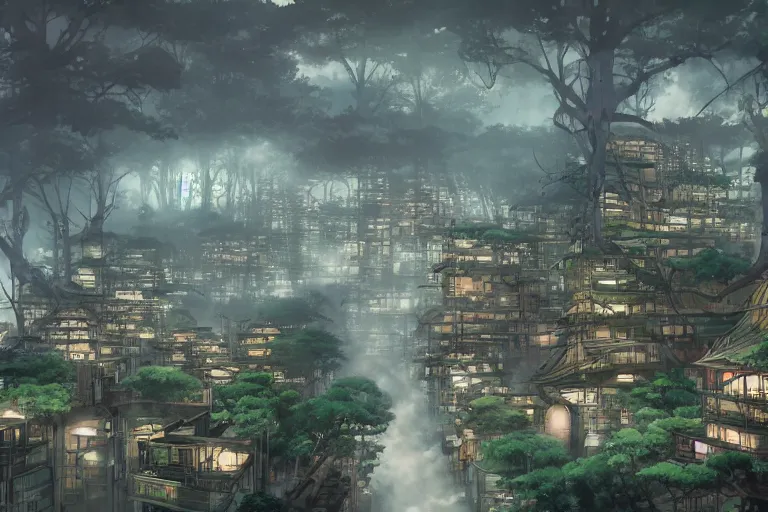 Prompt: kowloon walled forest city, still from studio ghibli anime movie, digital art, artgerm, trending on artstation