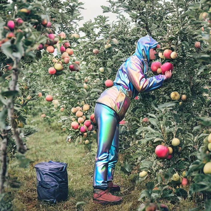 Image similar to a closeup portrait of a woman wearing a muddy iridescent holographic ski suit, picking apples from a tree in an orchard, foggy, moody, photograph, by vincent desiderio, canon eos c 3 0 0, ƒ 1. 8, 3 5 mm, 8 k, medium - format print