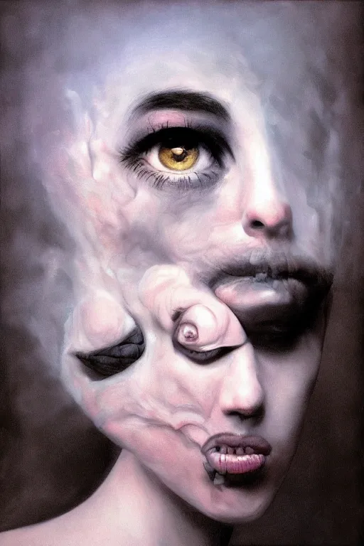 Image similar to fantasy girl's face in the fog, by Frank Zappa, Gottfried Helnwein, Isaac Levitan