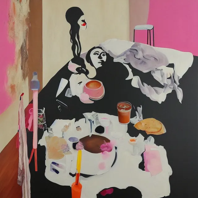 Prompt: sensual, a portrait in a female art student's bedroom, black walls, a woman drinking iced latte, pancakes, maple syrup dripping, chocolate, surgical supplies, ikebana, octopus, neo - expressionism, surrealism, acrylic and spray paint and oilstick on canvas