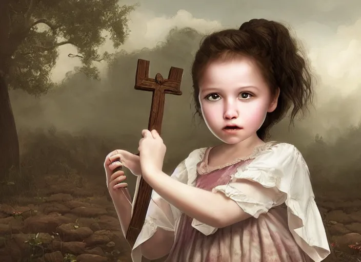 Image similar to a little girl with a cross fights off terrified demons, clear face and bright eyes. 8 k, matte painting, lowbrow in the style of lilia alvarado, mark ryden and martin johnson heade,