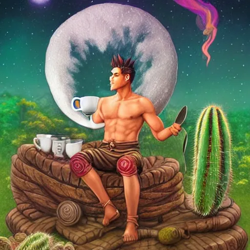 Image similar to richly detailed colored pencil 3 d illustration of spartan drinking tea at campfire with trichocereus background and smoke haze full moon ayahuasca peyote art by rossdraws range murata and artgerm fantasy