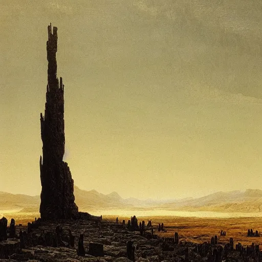 Image similar to Scorched ashen landscape dominated by an obsidian tower, matte oil painting, fantasy, exquisitely detailed, gothic, by Caspar David Friedrich