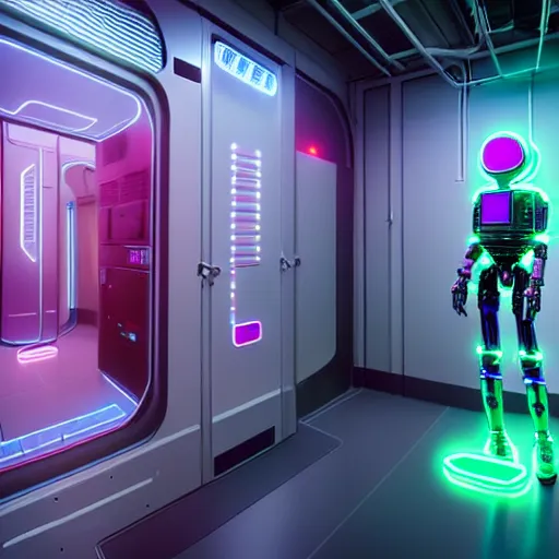 Prompt: highly detailed surreal neon robot android in the data center. robocop, scream, stephen bliss, unreal engine, greg rutkowski, loish, rhads, beeple, makoto shinkai and lois van baarle, ilya kuvshinov, rossdraws, tom bagshaw, global illumination, detailed and intricate environment