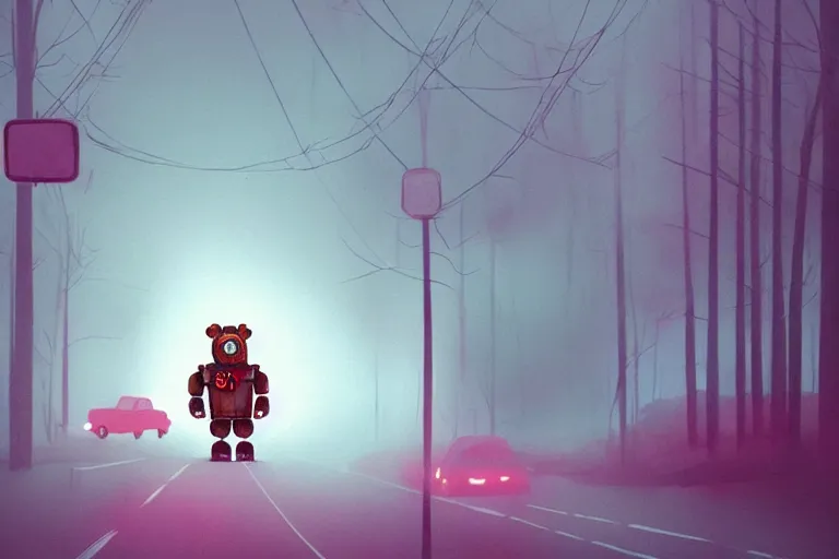 Image similar to a giant freddy fazbear robot animatronic bear in the middle of a foggy street, award - winning art by simon stalenhag, trending on artstation