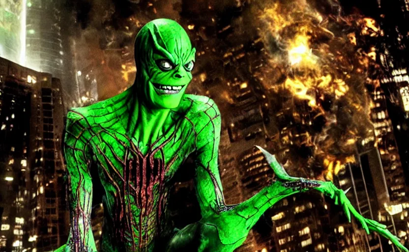 Prompt: steve buschemi as the green goblin in spiderman, movie still from spiderman 1, sam raimi style, hdr, epic composition