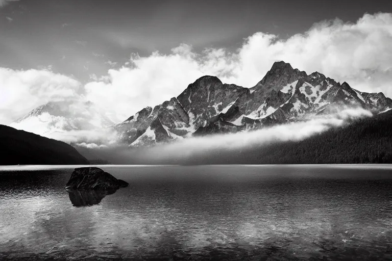 Image similar to a beautiful landscape photography of Mountains with a lake by Ansel Adams, black and white, dramatic