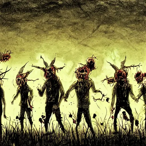 Prompt: zombie horde in an open farm field, drawn by ben templesmith