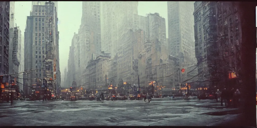 Prompt: detailed medium format photo, polaroid still from tarkovsky movie, a new york street scene, haze, high production value, intricate details, 8 k resolution, hyperrealistic, hdr, photorealistic, high definition, tehnicolor, award - winning photography, masterpiece, amazing colors