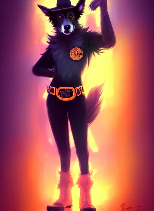 Image similar to wide angle beautiful full body portrait of a cute male anthropomorphic anthro border collie fursona wearing cowboy outfit in a neon metropolis, character design by charlie bowater, henry asencio, and ross tran, furry art, furaffinity, beautiful, glamor pose, detailed, aesthetic, trending on artstation