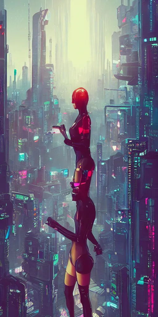 Image similar to cyberpunk girl on a roof, looking up at cityscape of vertical cyberpunk city with high towers, shanghai, by Alena Aenami and blade runner and akira, trending on Artstation,