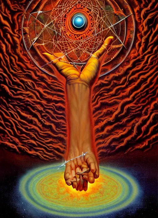 Image similar to antediluvian occult cosmology, panspermia, occult magic hand gestures, magick ritual hand signs, by joe jusko and remedios varo and daniel arsham and robert hooke, rule of thirds, vivid colours, negative space, atmospheric, digital painting, artstation, concept art, smooth, sharp focus