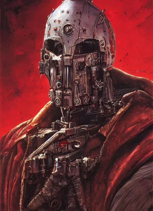 Prompt: portrait of rotten Nicolas Cage as adeptus mechanicus in red hood and robe from Warhammer 40000. Highly detailed, artstation, illustration by and John Blanche and zdislav beksinski and wayne barlowe