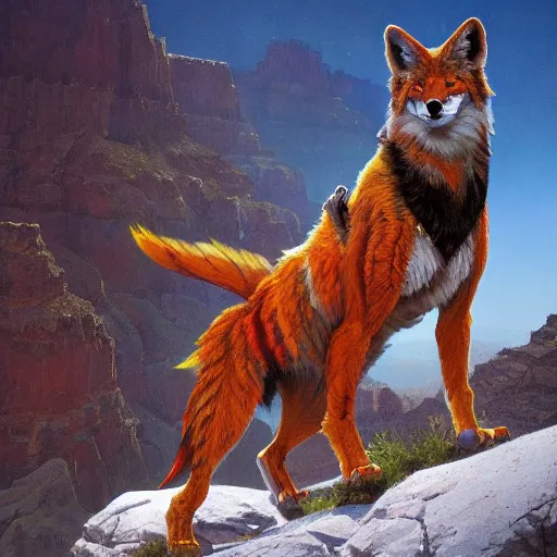 Image similar to Red Tiger Coyote Hybrid collar wearing feather crest paws tail eyes furry fuzzy standing atop grand canyon greg rutkowski greg danton tony sart raymond swanland chris foss chris cold christophe norman rockwell young acrylic 4k artstation wikiart wikipedia realism tilt-shift aspca national geographic