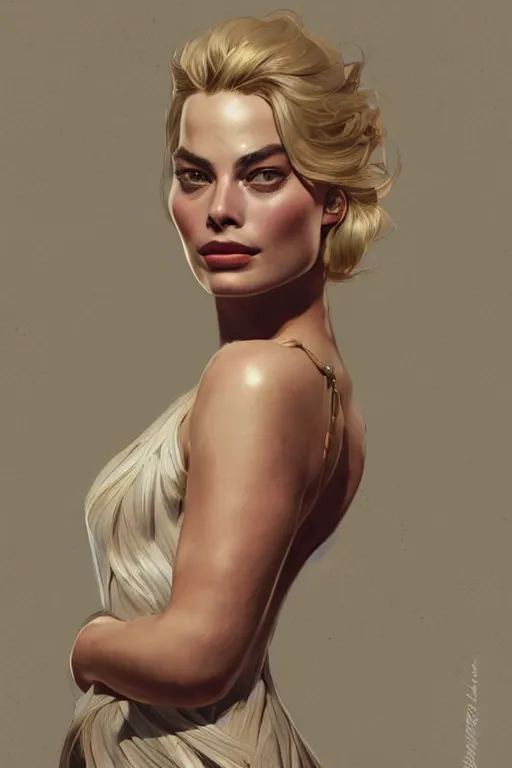 Image similar to A full portrait of Margot Robbie, intricate, elegant, highly detailed, digital painting, artstation, concept art, smooth, sharp focus, illustration, art by Krenz Cushart and Artem Demura and alphonse mucha