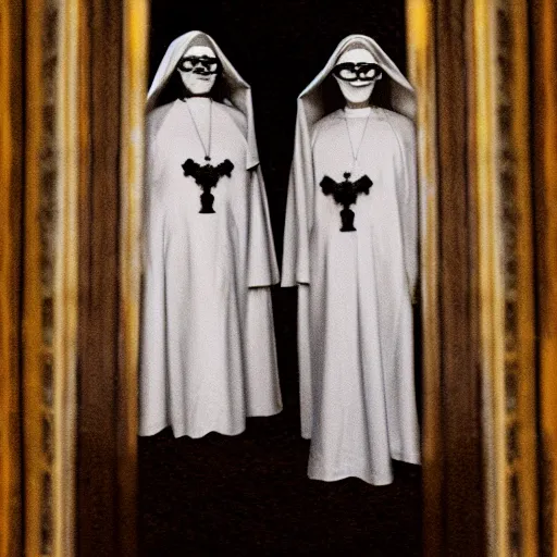 Image similar to award winning photo Floating twin nuns wearing pentgram necklace, Very long arms, in a sanctuary, eerie, frightening —width 1024 —height 1024