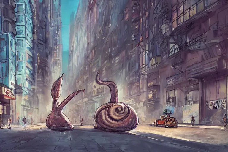 Image similar to concept art of a giant 1 0 meters high snail on the streets of a city