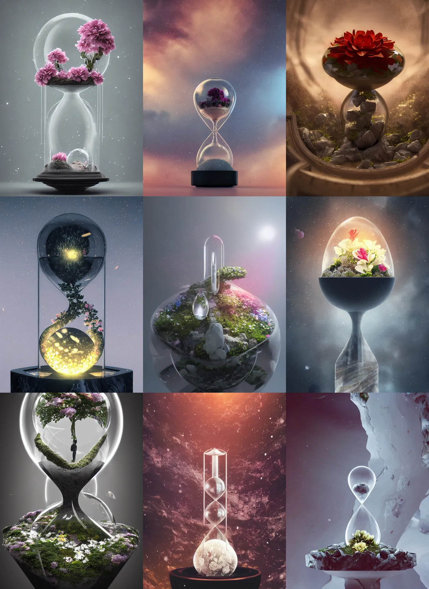 Prompt: flowers inside of a marble, hourglass, bonsai, galaxy, intricate detail, volumetric lighting, epic composition, hyper detailed, ultra realistic, sharp focus, octane render, staircase, volumetric, ray tracing, artstation trending, cgsociety, sense of awe, swirling mist, 4 k