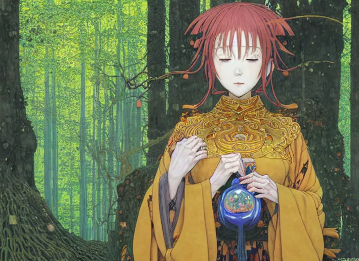 Prompt: portrait of the priestess in the forest, enchanted, magic, digital, concept art, (((shigeto koyama illustration))),Kyoto animation,last exile, blue submarine no. 6, katsura masakazu,tsutomu nihei, gustav klimt,loish, murata range, kawaii, studio lighting, manga, bright colors, anime,beautiful, 35mm lens,noir, vibrant high contrast, gradation, jean giraud, moebius, fantasy, rule of thirds, unreal engine, fibonacci, intricate, cel shaded, blender npr, flat, matte print, smooth, Ilya Kuvshinov