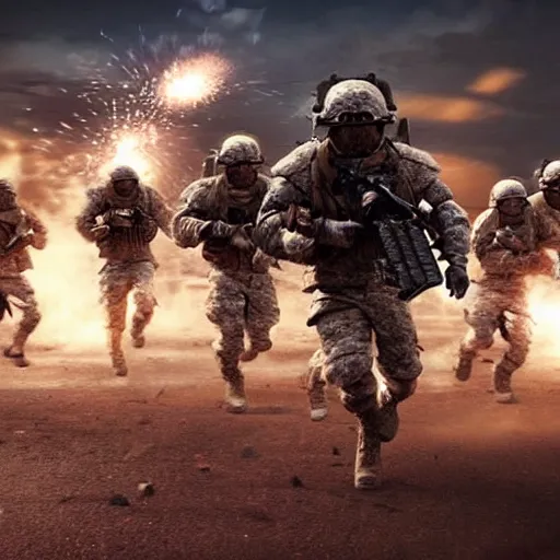 Image similar to hyper realism, realistic apocalyptic war scene, explosions, science - fiction soldiers running with armour in the middle of explosions and bullets,