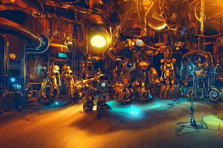 Image similar to on the floor sits a sad golden and blue metal humanoid steampunk robots wearing and gears and tubes, eyes are glowing red lightbulbs, shiny crisp finish, 3 d render, 8 k, insaneley detailed, fluorescent colors, background is backdoor entrance to a futuristic nightclub, nightlight
