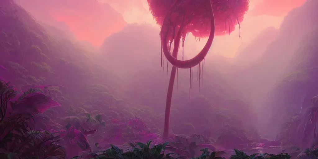 Prompt: glowing shining pink diplodocus, jungle landscape, broken down grey wall,, alena aenami, petros afshar, noah bradley, anton fadeev, anato finnstark, steve henderson, filip hodas, mark keathley, thomas kinkade, phil koch, gilbert williams, mike winkelmann, beeple