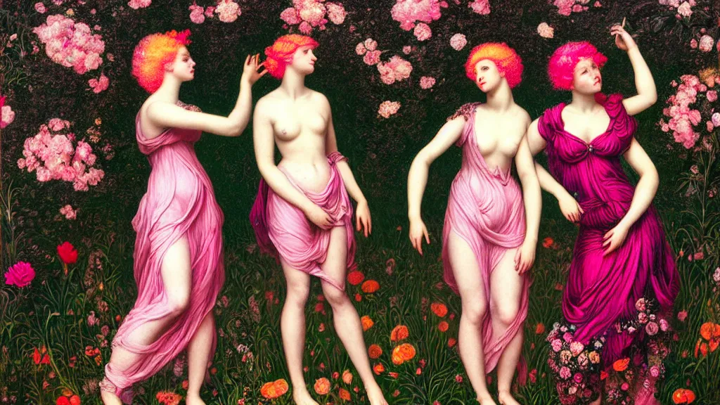 Image similar to photo-realistic portrait of two young women with neon pink hair, wearing a black dress by Vivienne Westwood, standing in a garden full of psychedelic flowers, intricate details, in the style of John William Godward, black background