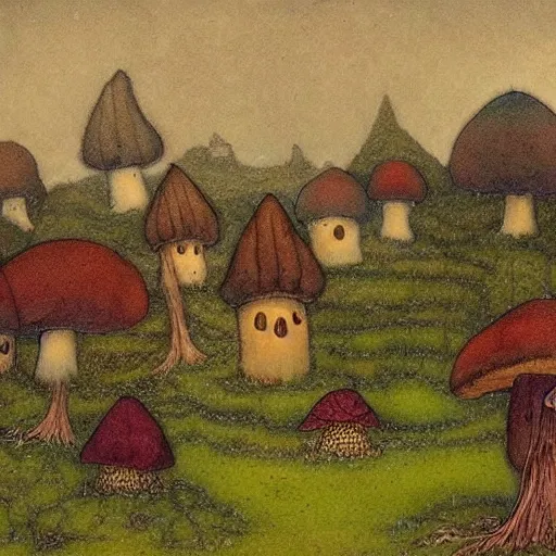 Image similar to a fairytale landscape with mushroom houses, in the style of John Bauer,