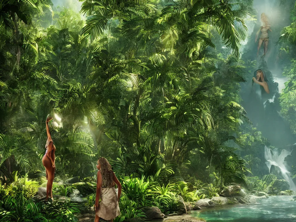 Image similar to Gigantic statue of woman's face in the jungle and tiny human adventurer. Palm trees around and the river flowing near from the mountain. Shadows, water reflections. Sun rays, god rays, lens flares. Cinematic, ArtStation, realistic photograph, ambient, shades of green, Unreal Engine 5, rendered by Octane.