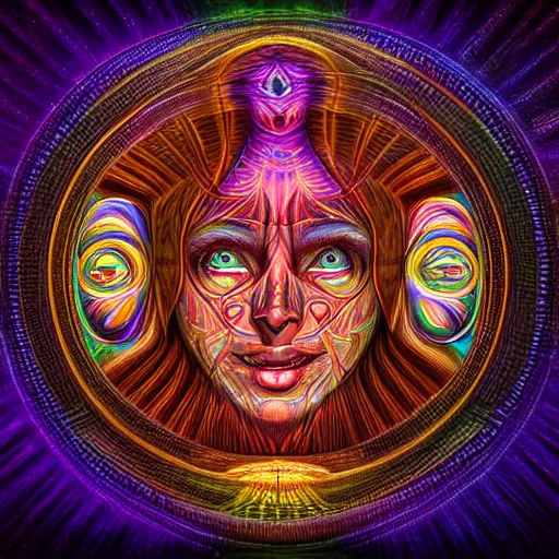 Prompt: photorealistic dmt entity in the style of alex grey and michael whelan. hyperdetailed photorealism, 1 0 8 megapixels, amazing depth, high resolution, 3 d shading, 3 d finalrender, 3 d cinematic lighting, glowing rich colors, powerful 4 d imagery, psychedelic overtones, artstation concept art.