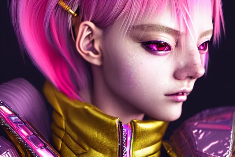 Image similar to hyperdetailed close portrait of a stunningly beautiful pink cyberpunk cute european girl made of metals and shiny iridescent gems, dark rainbow nimbus, gold necklace, puffer jacket, inspired by ross tran and masamune shirow and kuvshinov, intricate, photorealistic, octane render, rtx, hdr, unreal engine, dnd digital art by artgerm