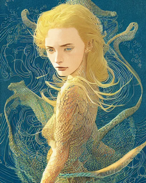 Image similar to a beautiful maiden with golden hair growing scales and sharp claws like a serpentine, digital art, illustrated by james gurney and victo ngai