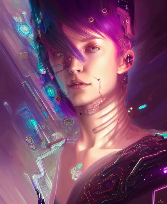 Image similar to a whirlwind of souls rushing inside the metaverse, hologram, half body, neurochip, shaved temple, piercing, jewelry, android, cyborg, cyberpunk face, by loish, d & d, fantasy, intricate, elegant, highly detailed, colorful, digital painting, artstation, concept art, art by artgerm and greg rutkowski and alphonse mucha