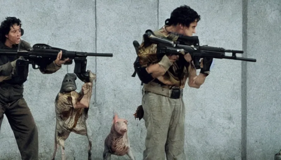 Image similar to big budget movie about a fish pig hybrid armed with an uzi. The fish pig hybrid is robbing a bank.