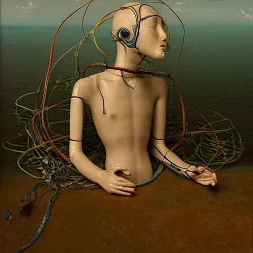 Prompt: Kenne Gregoire, award winning masterpiece with incredible details, Zhang Kechun, a surreal vaporwave vaporwave vaporwave vaporwave vaporwave painting by Thomas Cole of an old pink mannequin head with cables and wires coming out of it's neck, sinking underwater, highly detailed