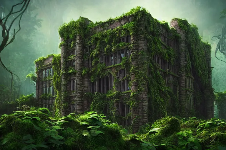 Prompt: giant ancient castle in an forest with some ivy plants on the walls, cinematic, epic, dramatic lighting from above, dark, vines, fantasy, dust, unreal engine, octane, highly detailed, concept art, dark, super realistic