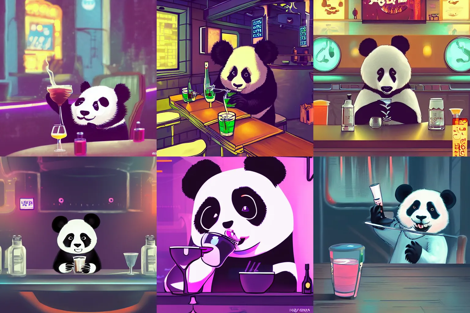 Prompt: a cute panda having a drink in a cyberpunk bar, a variety of animals is also in the bar, digital art, happy hour, artstation
