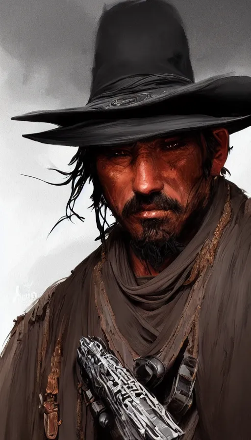 Image similar to misterious gaucho bandido commander, shady look, a raggy long poncho, magic the gathering, ready to shoot, intricate, highly detailed, digital painting, artstation, concept art, sharp focus, illustration, geometric dripped ink background, art by Artgerm, Grafit Studio, and Greg Rutkowski and Craig Mullins - W 700