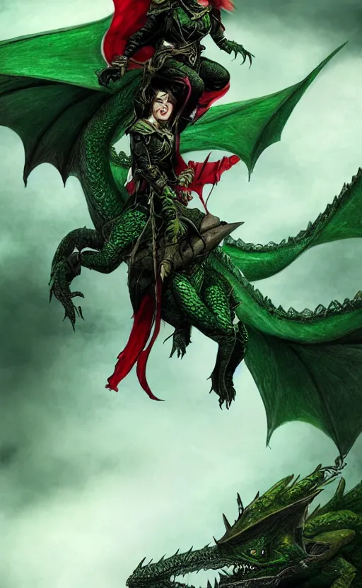 Image similar to epic fantasy dungeons and dragons scene, female halfling rogue, riding on top of a green dragon, green dragon, waterdeep, black hair, rogue, fantasy, red leather corset, cinematic, beautiful lighting, heroic, digital art