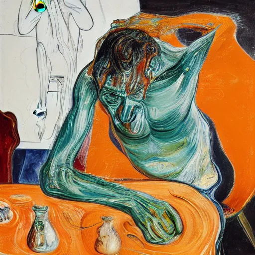 Image similar to high quality high detail expressionist painting of a man in agony by lucian freud and jenny saville edvard munch and francis bacon, hd, anxiety, seated at table crying and screaming, turquoise and orange