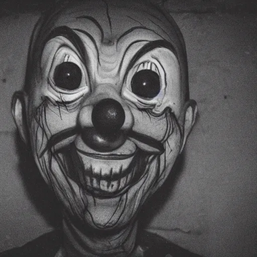 Image similar to a creepy clown with an unnatural smile from a horror movie, it is deformed and is staring at the camera from the end of a dark liminal hallway. caught on vhs, film grain, flashlight lighting, dead space,