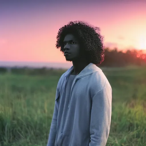 Prompt: dark skin man with curly hair, standing alone in nature, sunset, backlit, contemplative, dreamy, pastel colors, youthful, fairylike