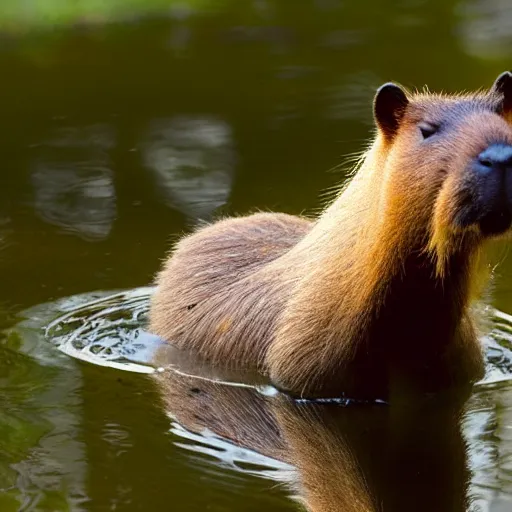 Prompt: capybara sitting in a pond, duckling on its head