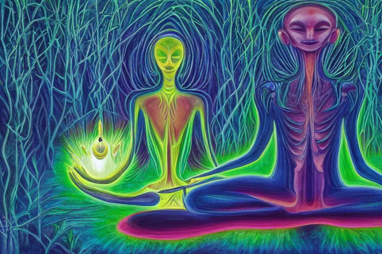 Image similar to painting of a tranquil alien made of light and glows meditating in dense forest by alex grey, acrylic art, ethereal, soothing, somber, elegant, warm light, cozy